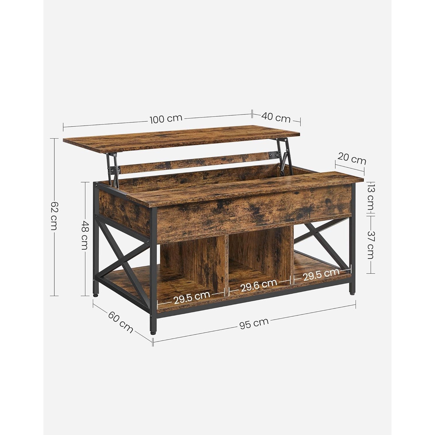 Stol za kavu s otvorenim i skrivenim spremištem 60 x 100 x (48-62) cm, smeđi | VASAGLE-vitahome.hr