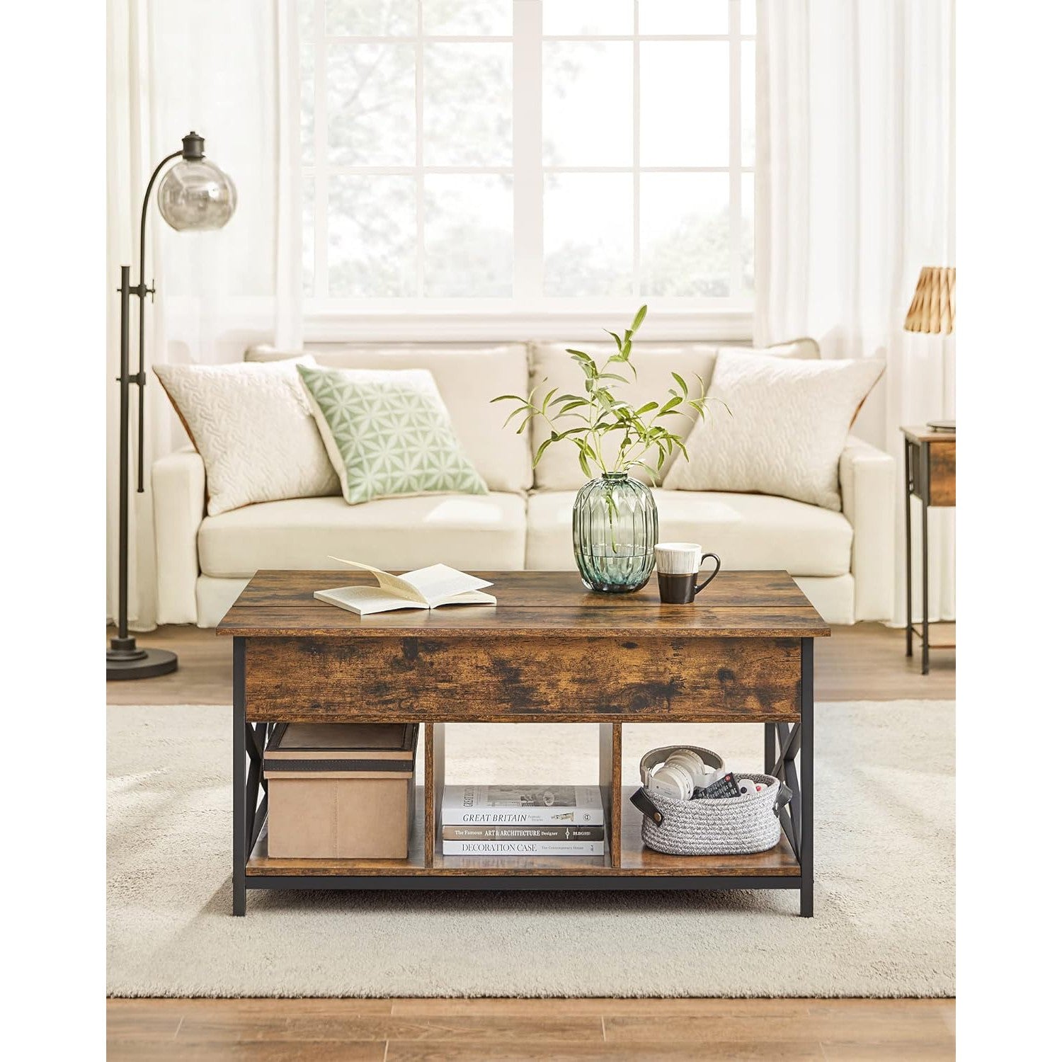 Stol za kavu s otvorenim i skrivenim spremištem 60 x 100 x (48-62) cm, smeđi | VASAGLE-vitahome.hr
