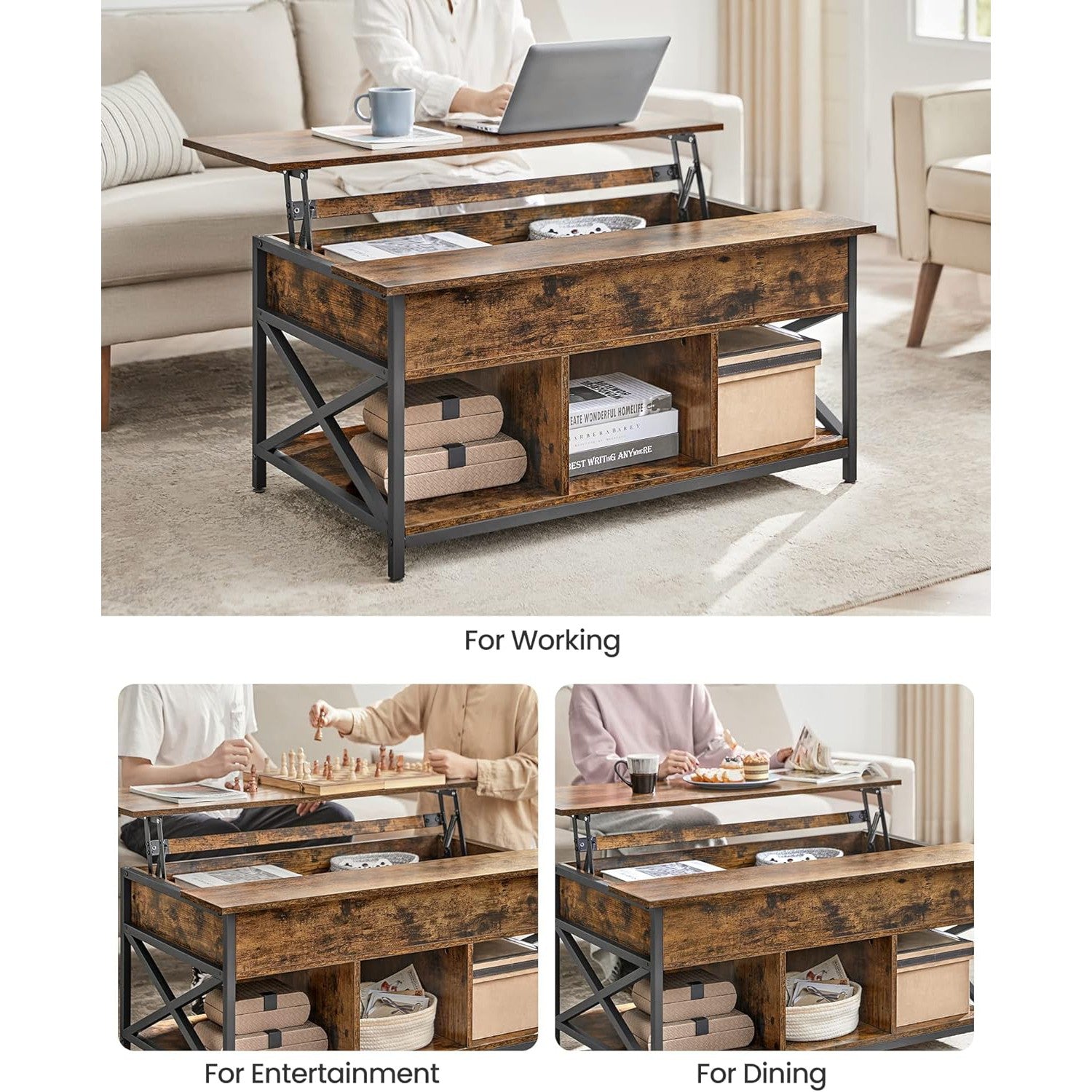 Stol za kavu s otvorenim i skrivenim spremištem 60 x 100 x (48-62) cm, smeđi | VASAGLE-vitahome.hr