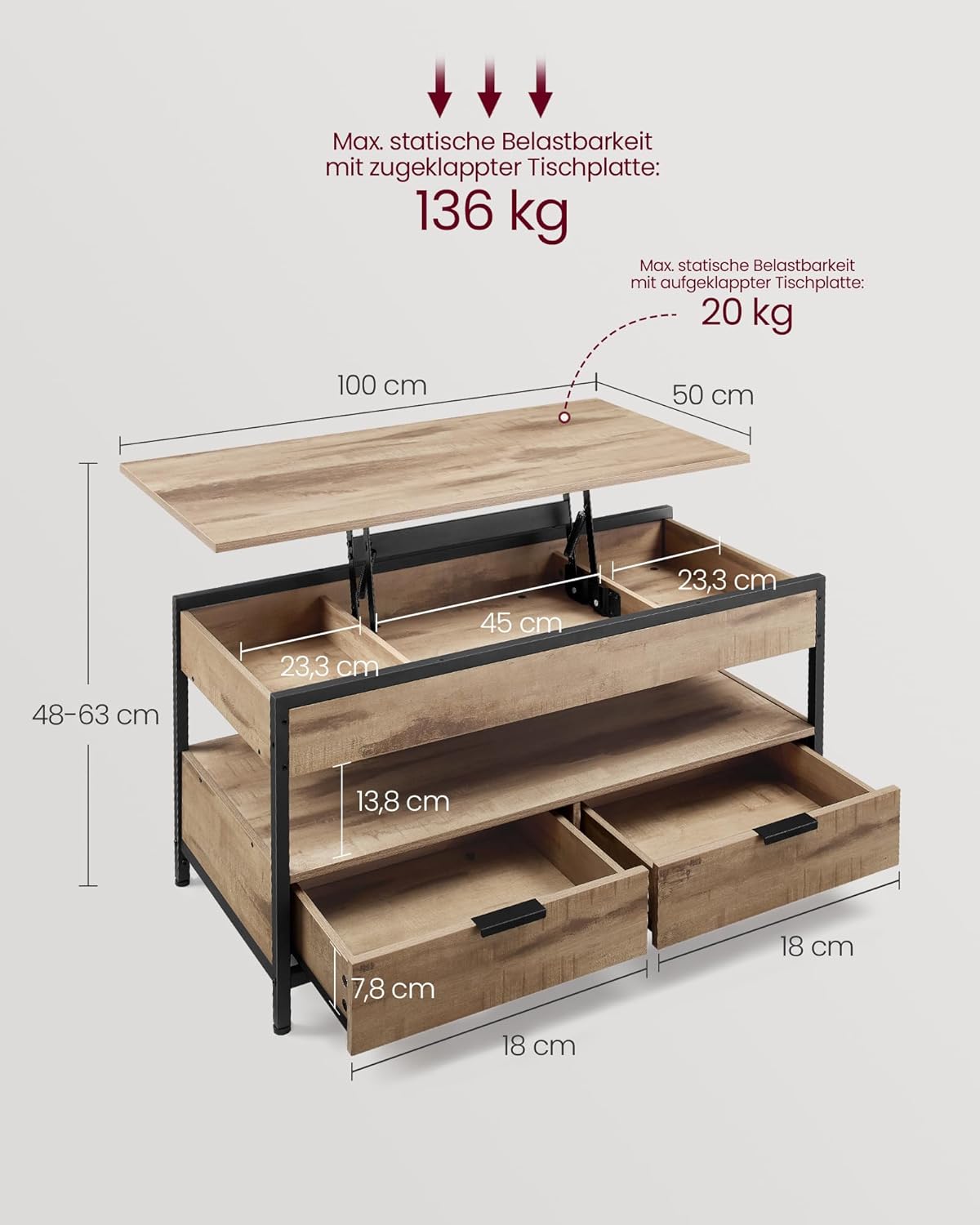 Stol za kavu s prostorima za pohranu, 50 x 100 x (49-62) cm, svijetlo smeđi-crni | VASAGLE