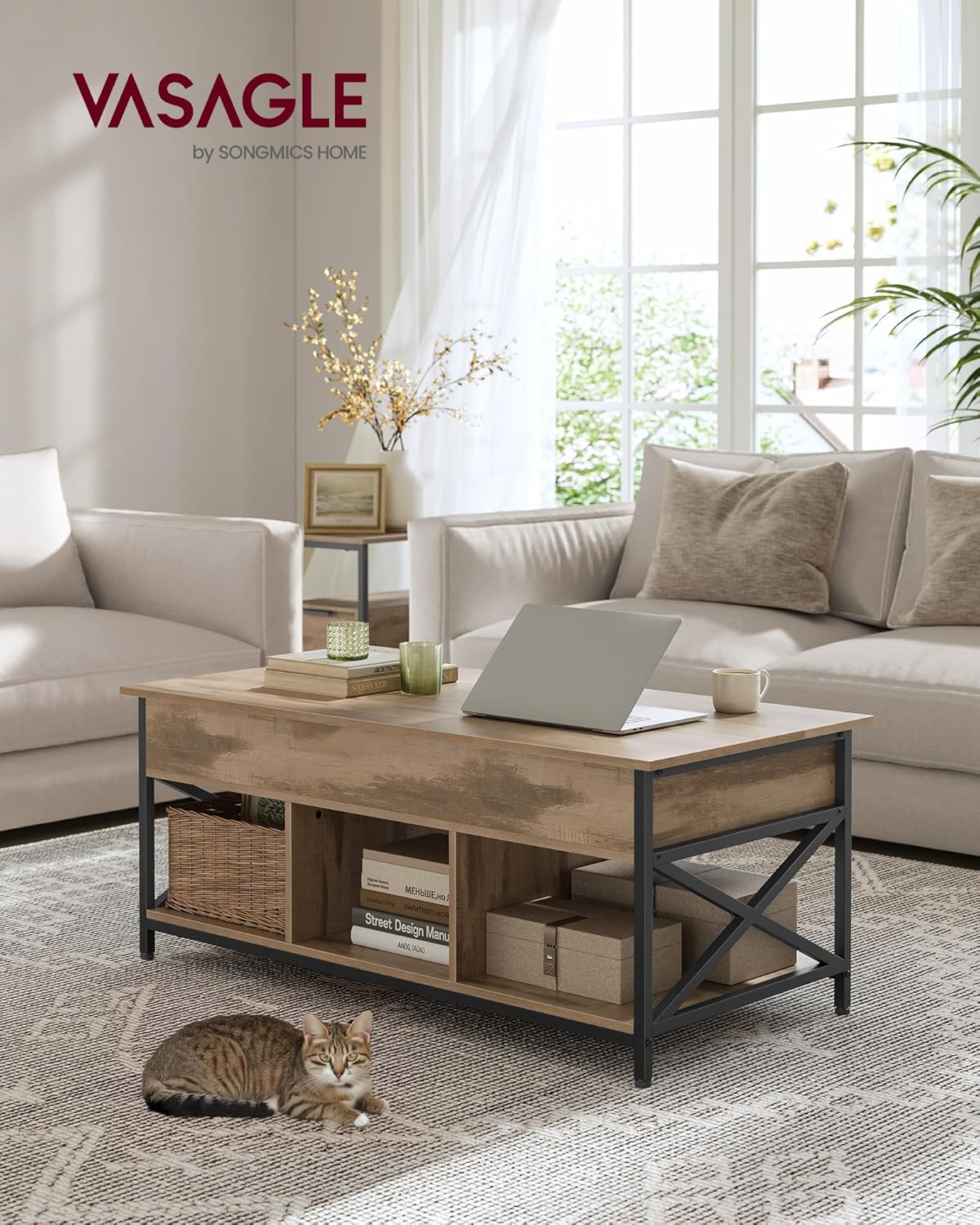 Stol za kavu s prostorima za pohranu, 50 x 100 x (49-62) cm, svijetlo smeđi-crni | VASAGLE