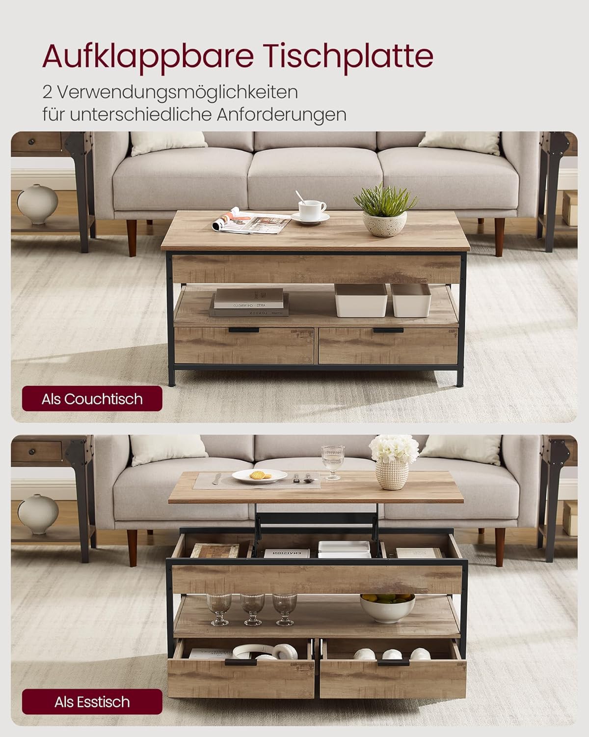 Stol za kavu s prostorima za pohranu, 50 x 100 x (49-62) cm, svijetlo smeđi-crni | VASAGLE