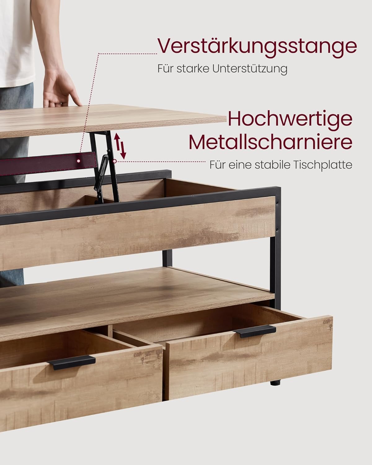 Stol za kavu s prostorima za pohranu, 50 x 100 x (49-62) cm, svijetlo smeđi-crni | VASAGLE