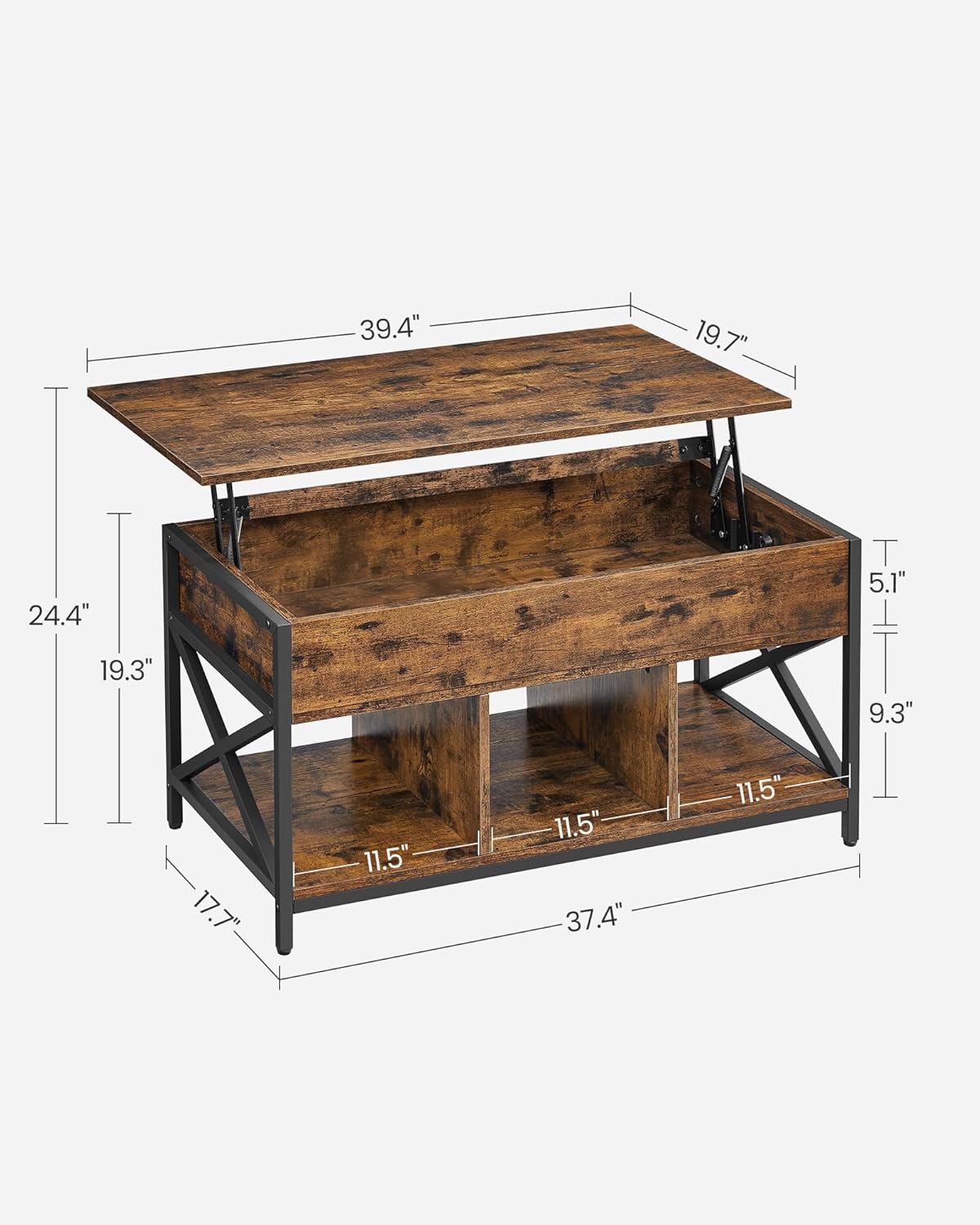 Stol za kavu s prostorom za pohranu, 50 x 100 x (49-62) cm, smeđe-crni | VASAGLE