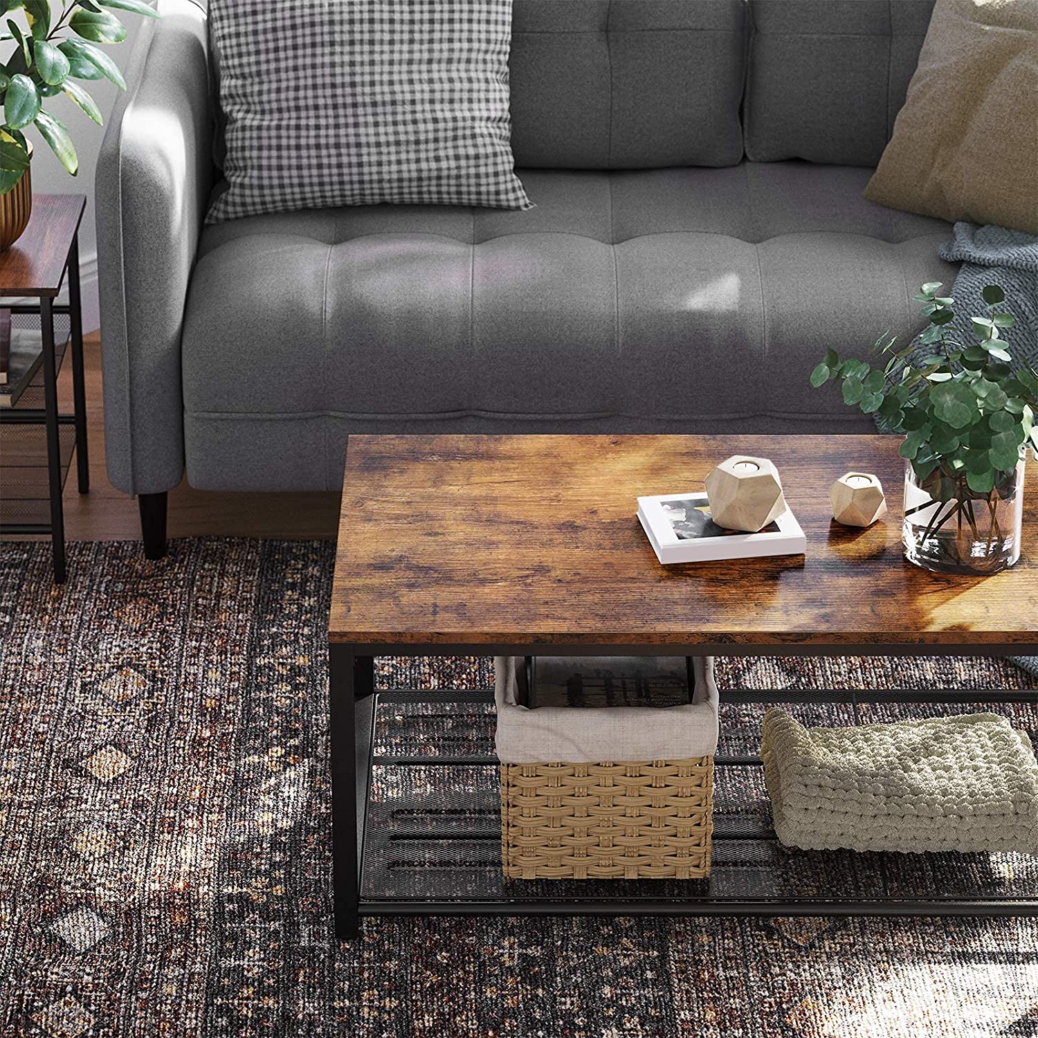 Stol za kavu s rešetkastom policom 106 x 60 x 45 cm rustikalno smeđa | VASAGLE-vitahome.hr