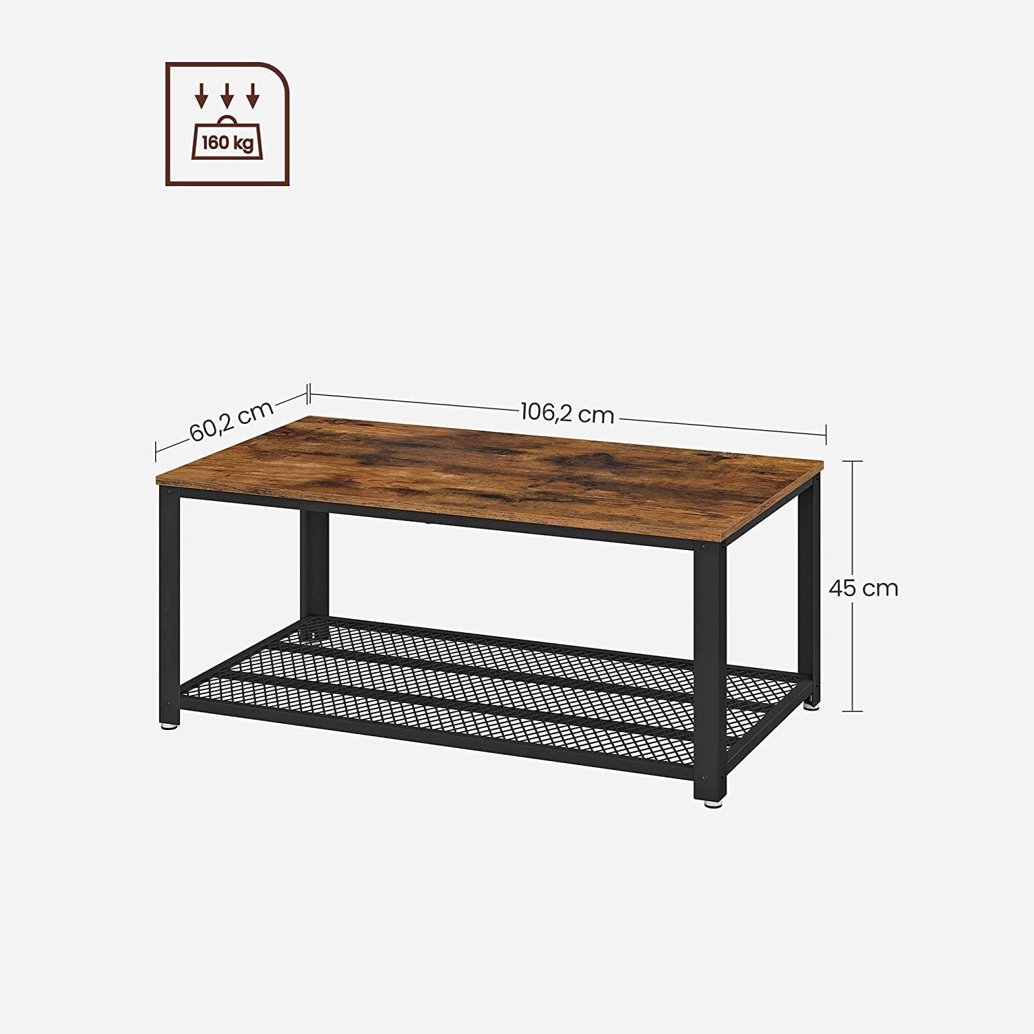 Stol za kavu s rešetkastom policom 106,2 x 45 x 60,2 cm, rustikalno smeđi | VASAGLE-vitahome.hr