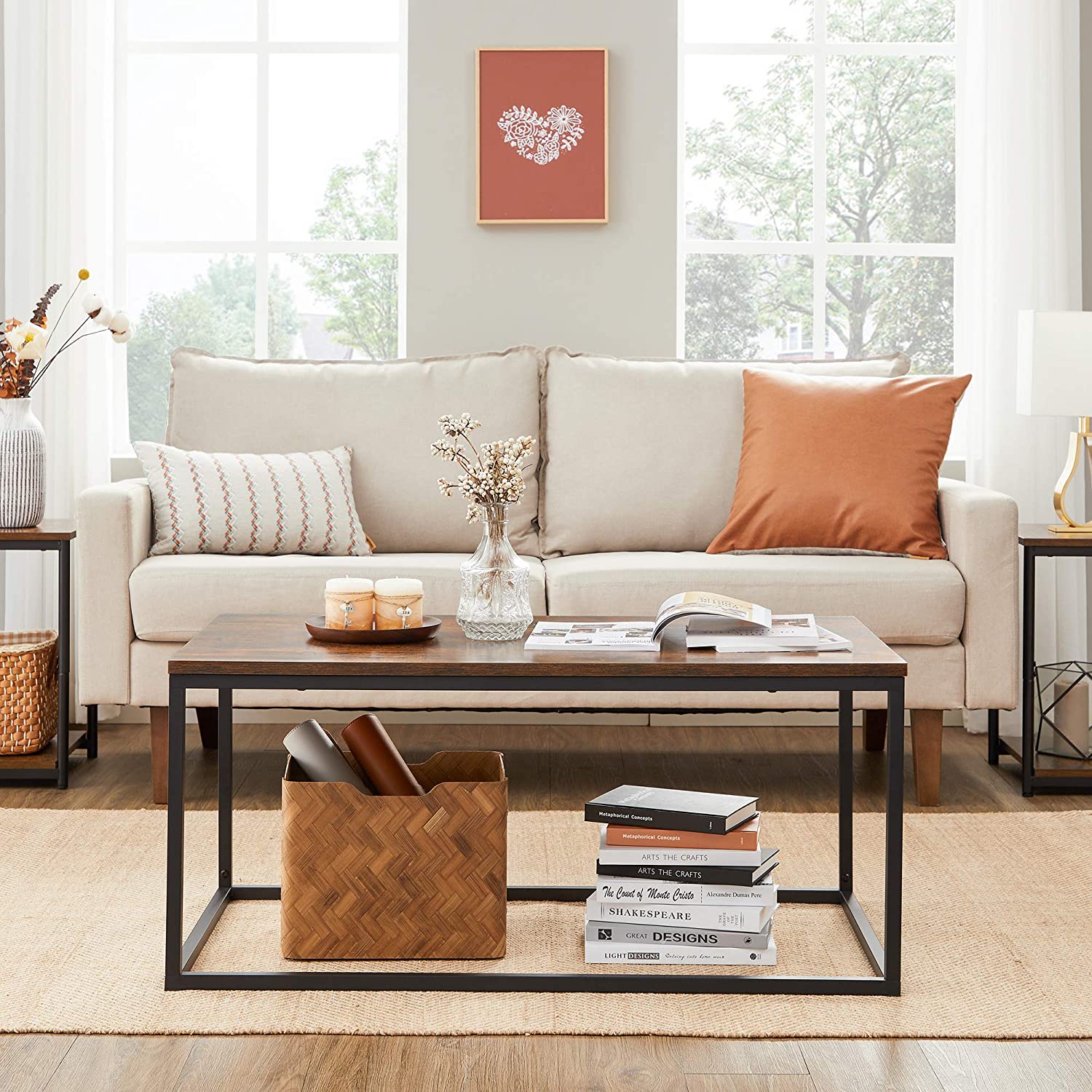 Stolić za kavu s čeličnim okvirom, 100x55x45 cm, rustikalno smeđe-crni | VASAGLE-vitahome.hr
