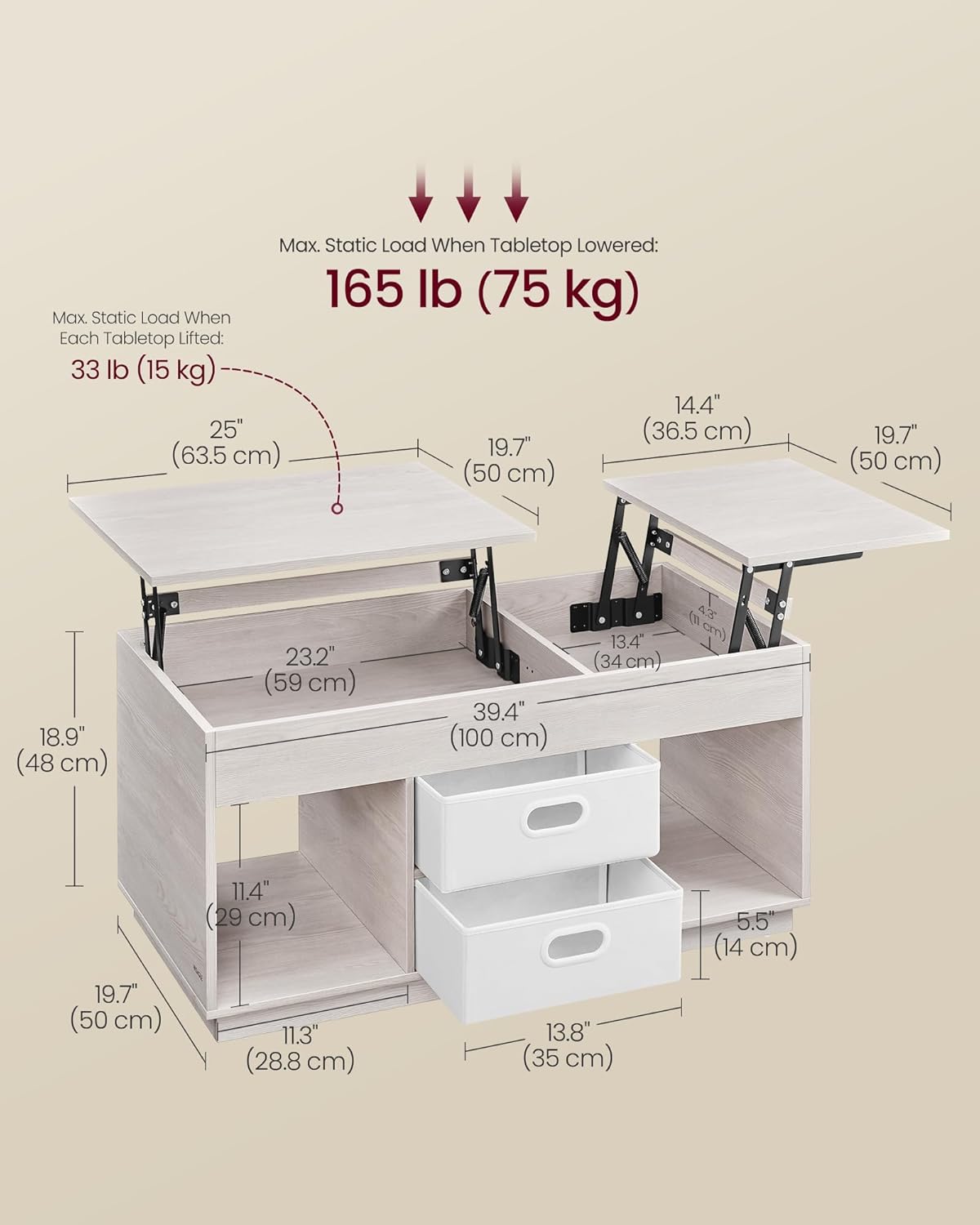 Stolić za kavu s podiznim vrhom, 50 x 100 x 48 cm/62,3 cm, bež | VASAGLE-vitahome.hr