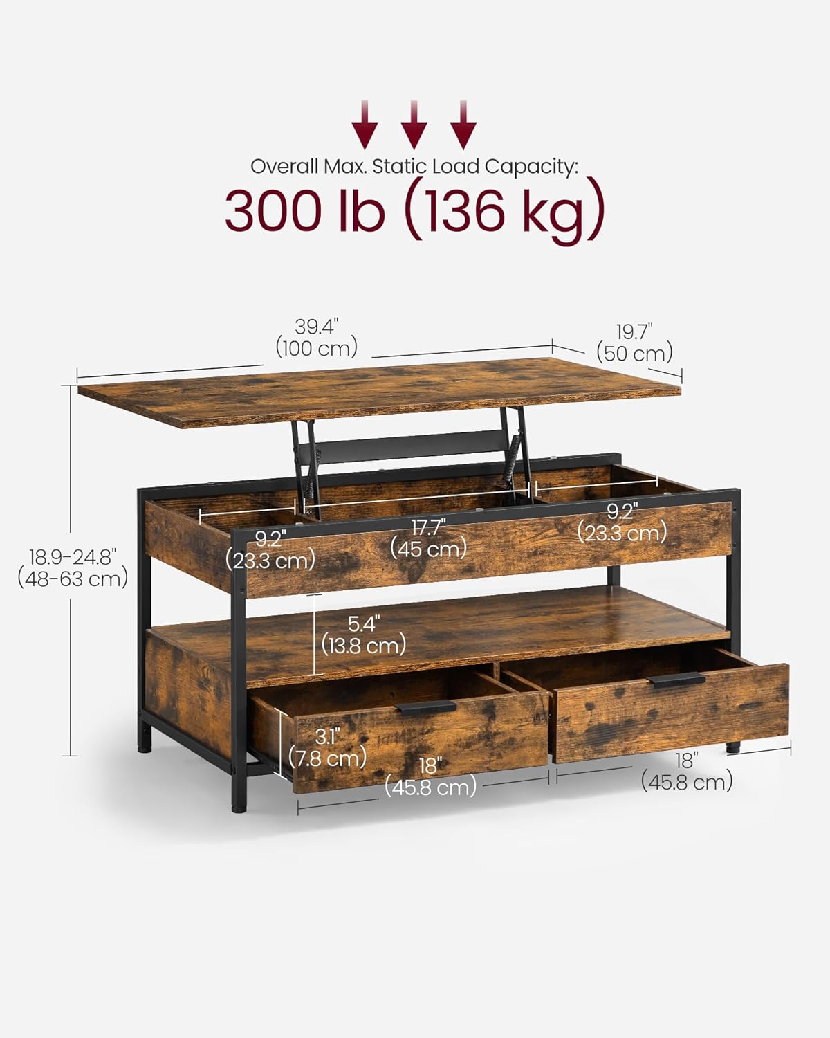 Stolić za kavu s prostorom za pohranu, 50 x 100 x 48-63cm, smeđe-crni | VASAGLE-VASAGLE-Vita Home