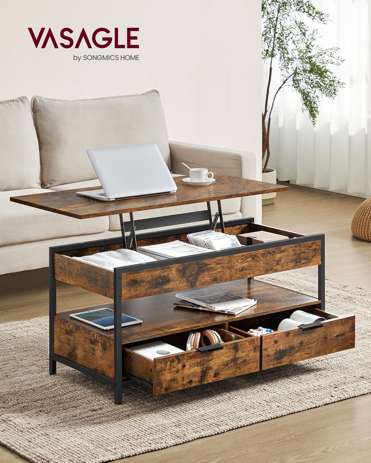 Stolić za kavu s prostorom za pohranu, 50 x 100 x 48-63cm, smeđe-crni | VASAGLE-VASAGLE-Vita Home
