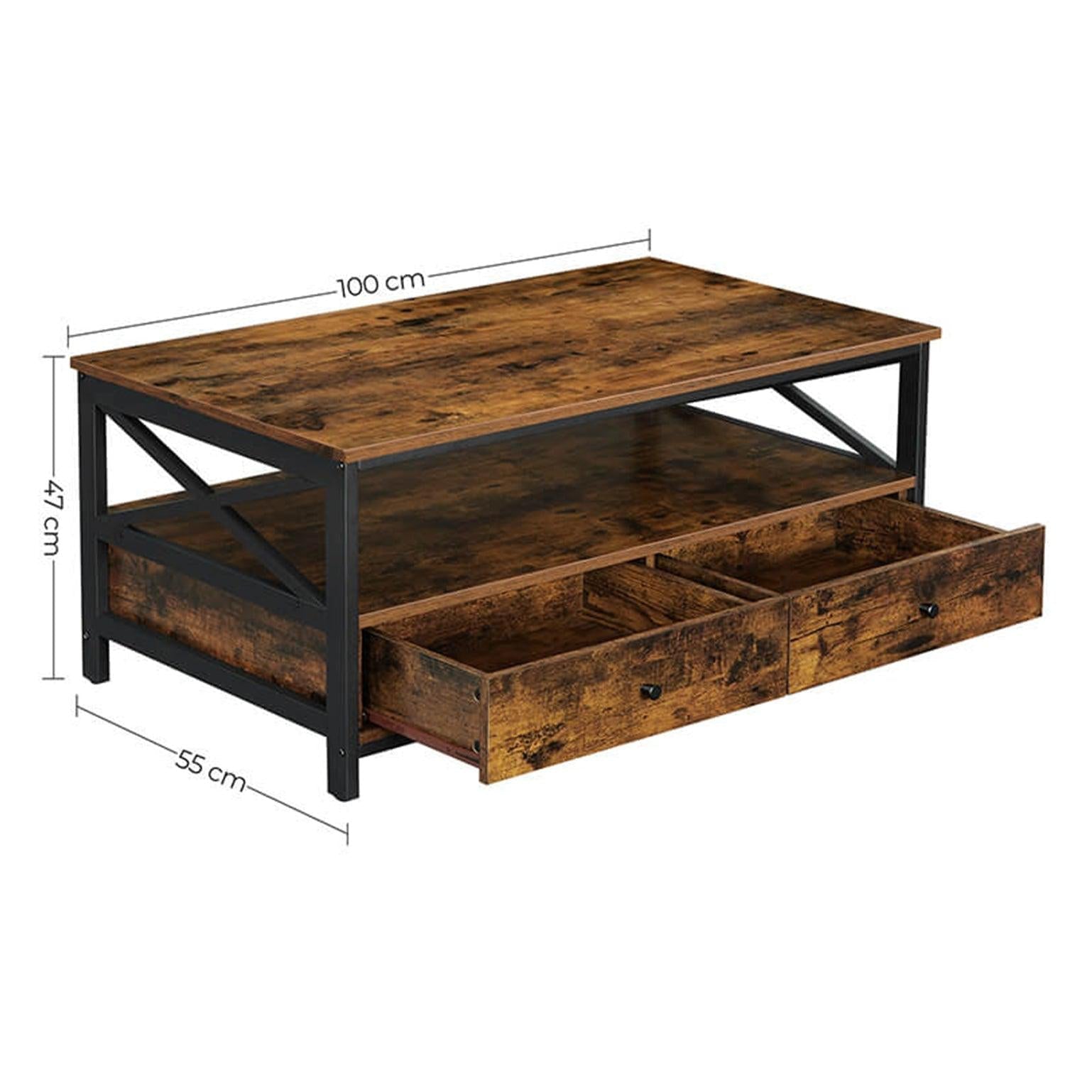 Stolić za kavu, TV stolić s ladicama, 55 x 100 x 45 cm, rustikalno smeđi | VASAGLE-vitahome.hr