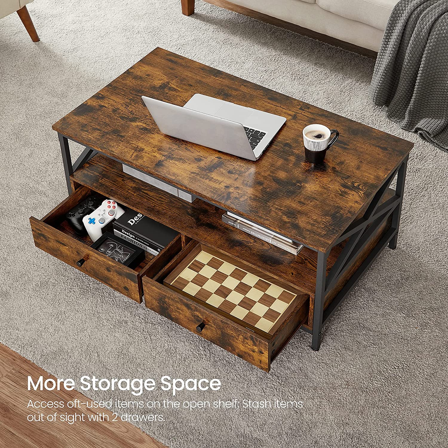 Stolić za kavu, TV stolić s ladicama, 55 x 100 x 45 cm, rustikalno smeđi | VASAGLE-vitahome.hr