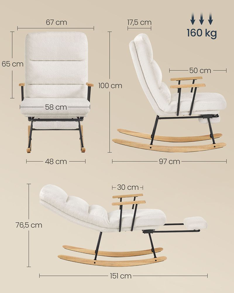 Stolica za ljuljanje nosivost do 160 kg, 97 × 67 × 100 cm, krem bijela | SONGMICS-vitahome.hr