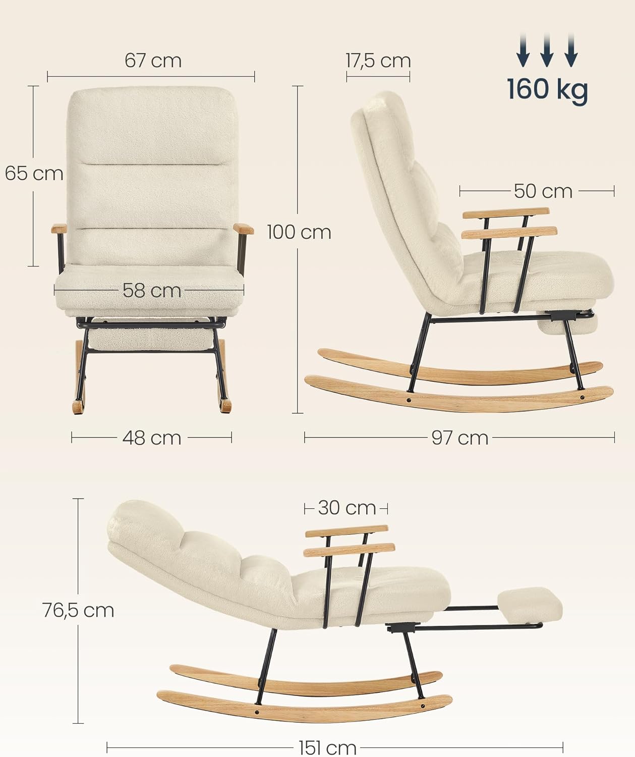 Stolica za ljuljanje nosivost do 160 kg, 97 × 67 × 100 cm, krem bijela | VASHOME-VASHOME-Vita Home