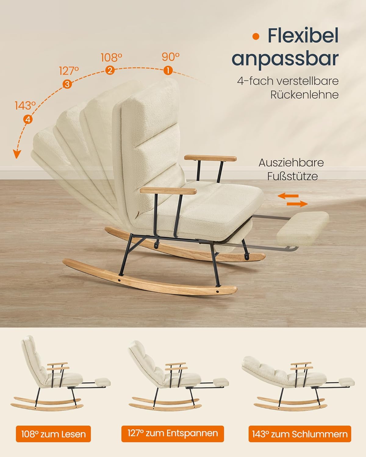 Stolica za ljuljanje nosivost do 160 kg, 97 × 67 × 100 cm, krem bijela | VASHOME-VASHOME-Vita Home