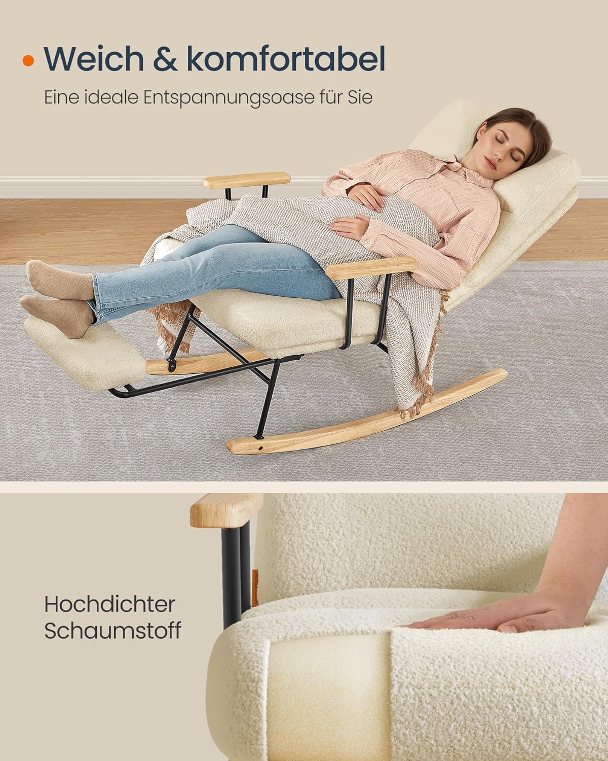 Stolica za ljuljanje nosivost do 160 kg, 97 × 67 × 100 cm, krem bijela | VASHOME-VASHOME-Vita Home