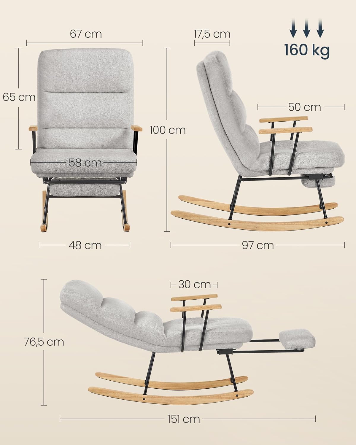 Stolica za ljuljanje nosivost do 160 kg, 97 × 67 × 100 cm, siva | VASHOME-VASHOME-Vita Home