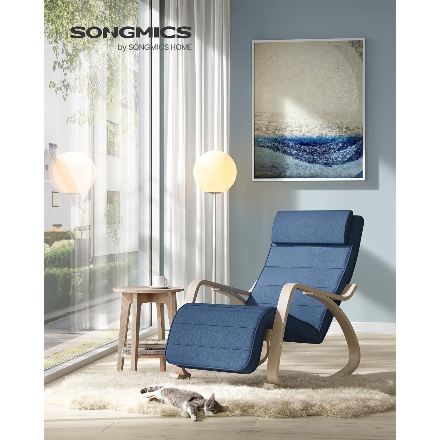 Stolica za ljuljanje, oslonac za noge podesiv u 5 smjerova, plava-prirodna boja | SONGMICS-vitahome.hr