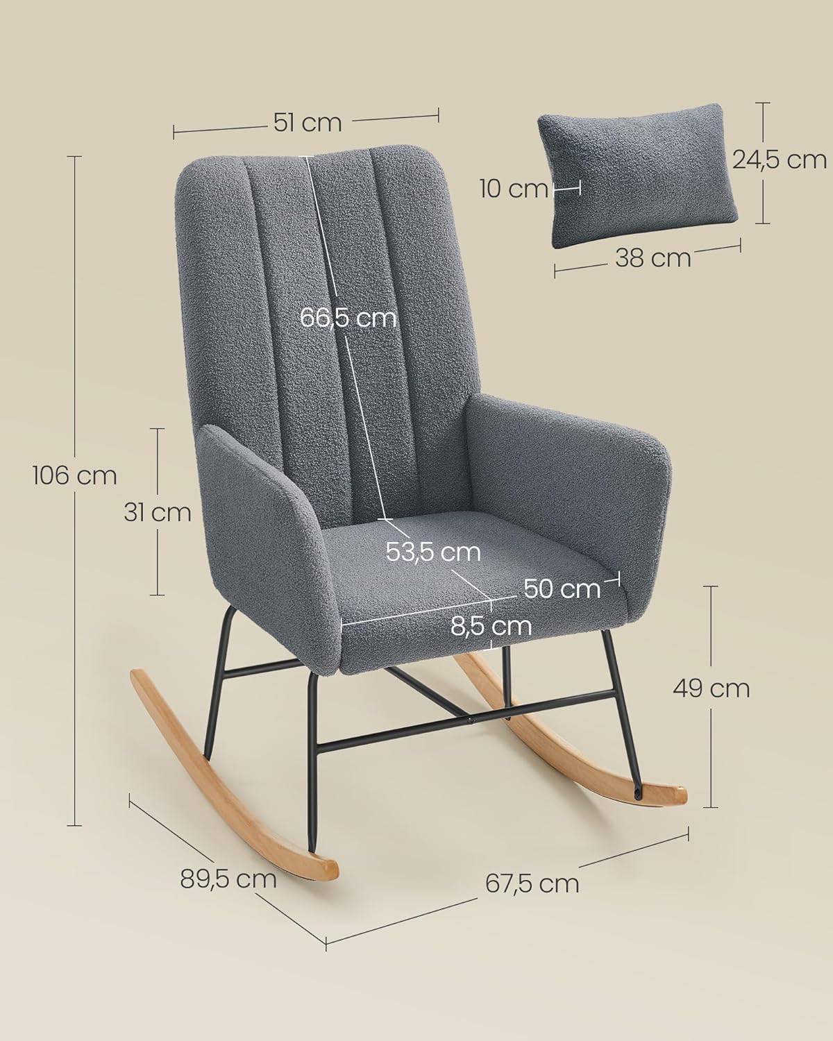 Stolica za ljuljanje s naslonima, čelični okvir, nosivosti do 160kg, sive boje-SONGMICS-Vita Home