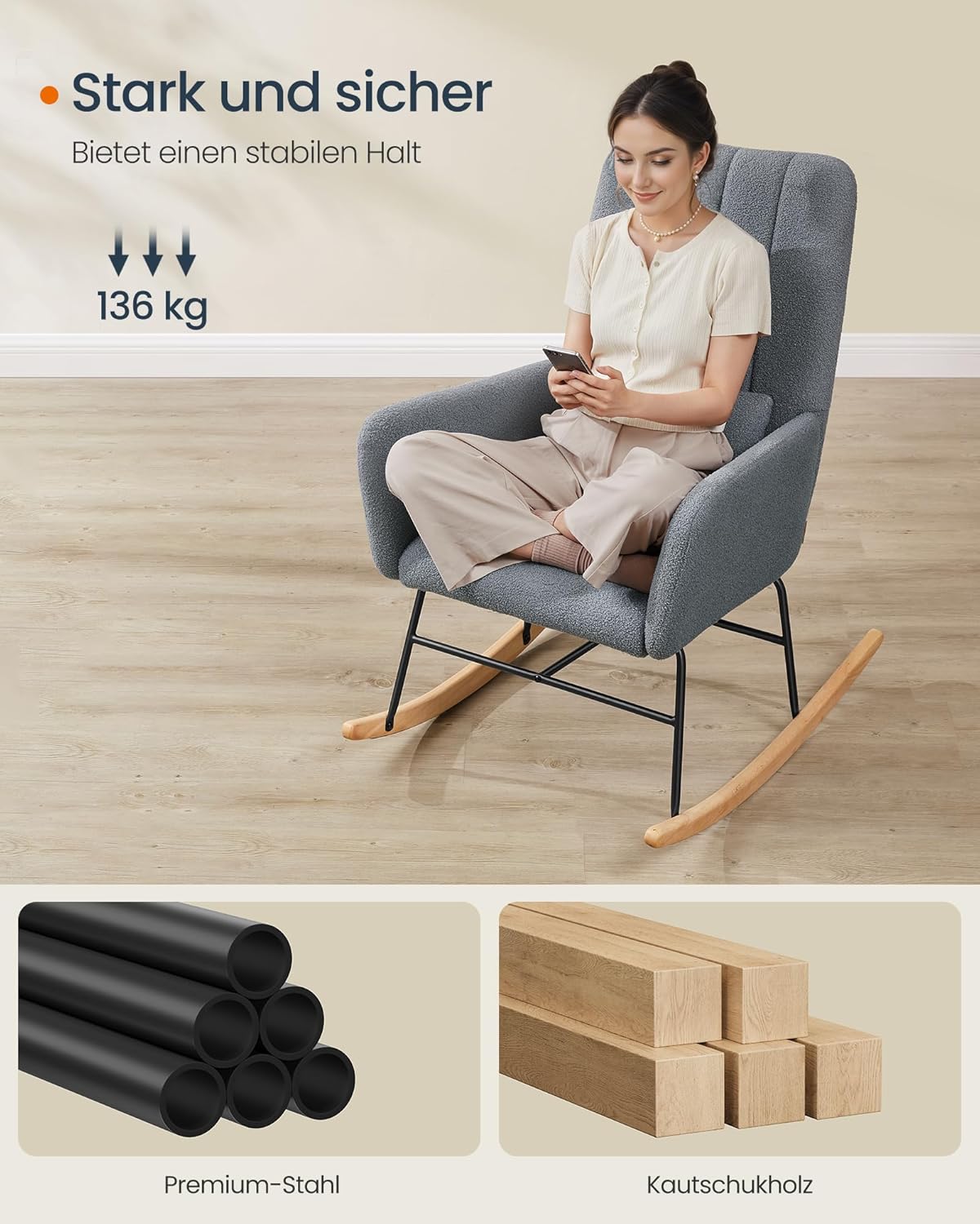 Stolica za ljuljanje s naslonima, čelični okvir, nosivosti do 160kg, sive boje-SONGMICS-Vita Home