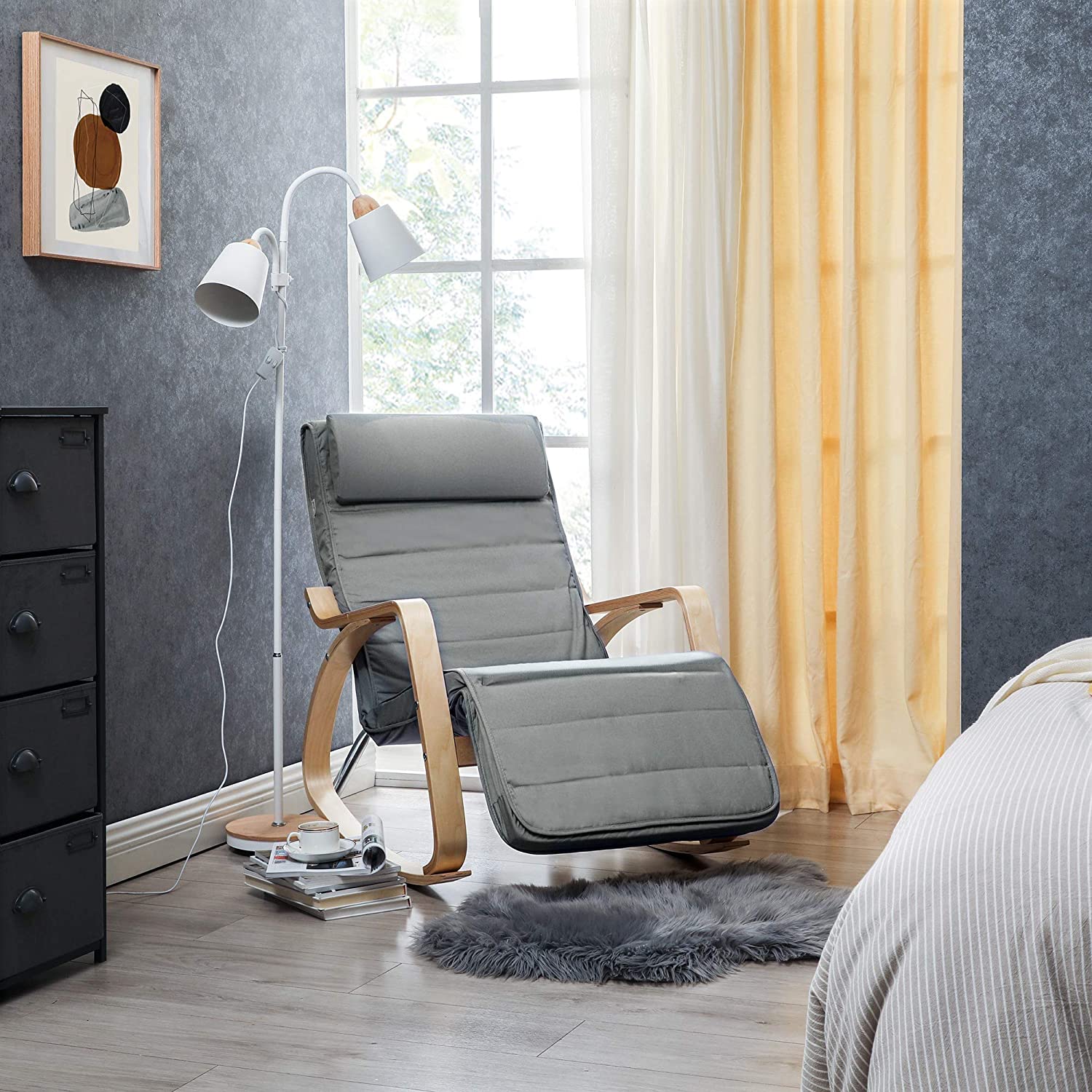 Stolica za ljuljanje s podesivim osloncem za noge, nosivost do 150 kg, siva | SONGMICS-vitahome.hr