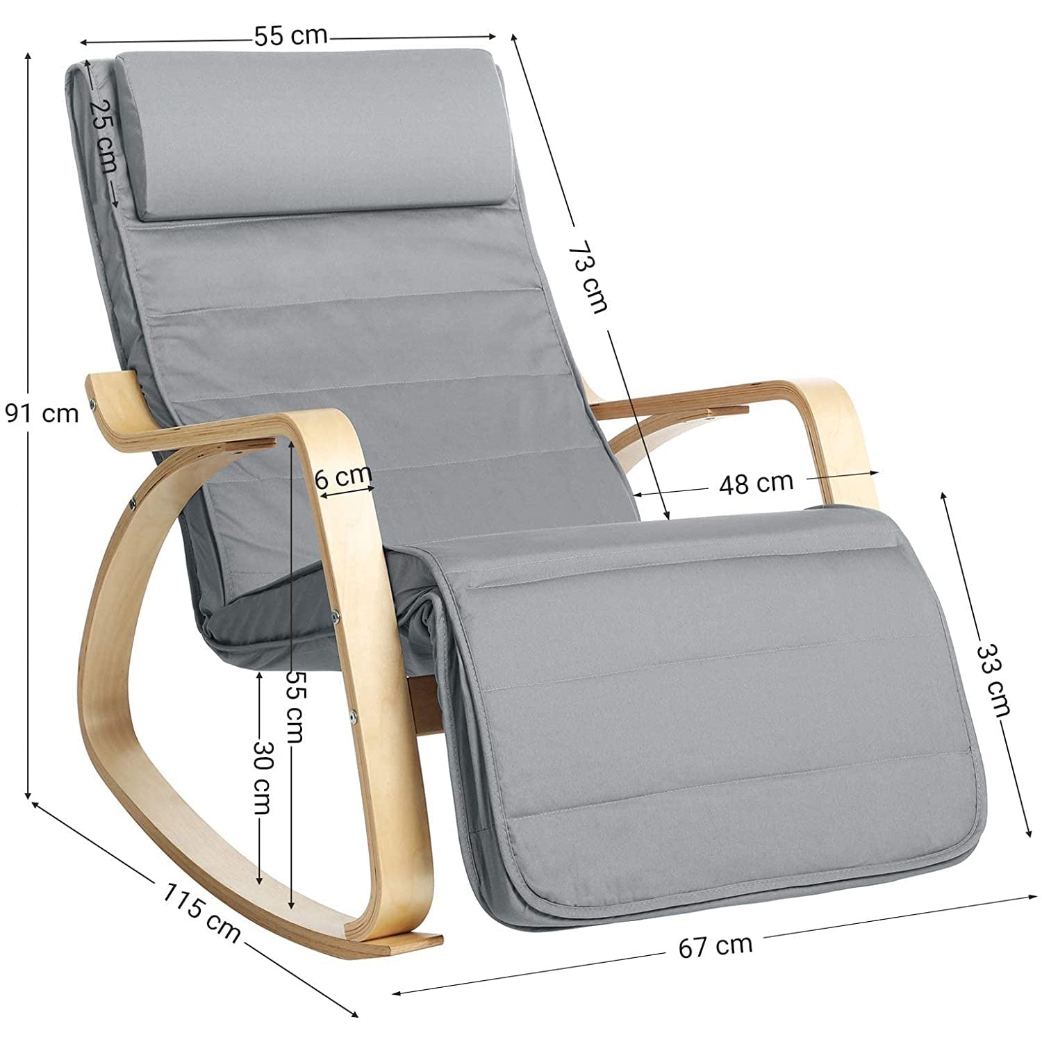 Stolica za ljuljanje s podesivim osloncem za noge, nosivost do 150 kg, siva | SONGMICS-vitahome.hr
