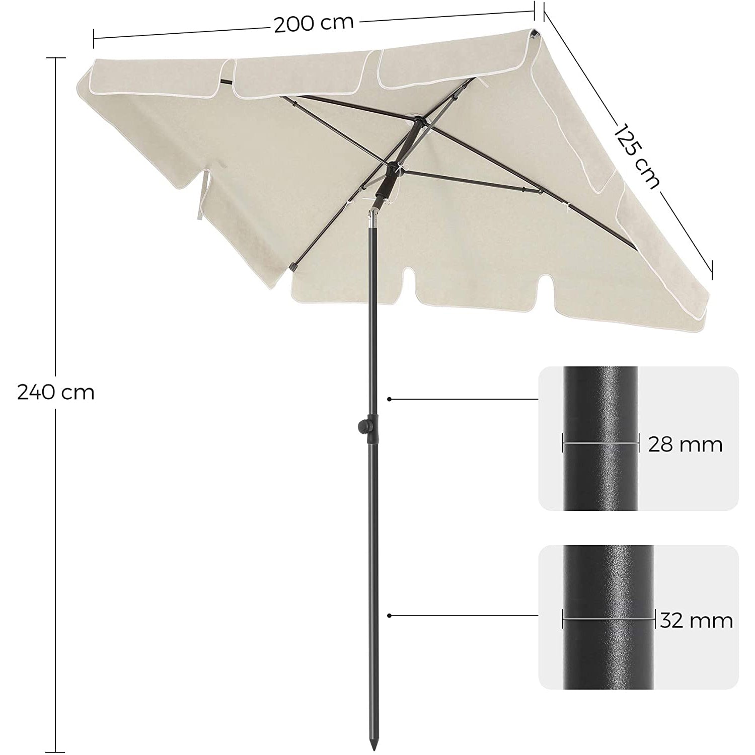 suncobran 200 x 125 cm, UV zaštita do UPF 50+, vrtni suncobran, sklopivi | SONGMICS-vitahome.hr