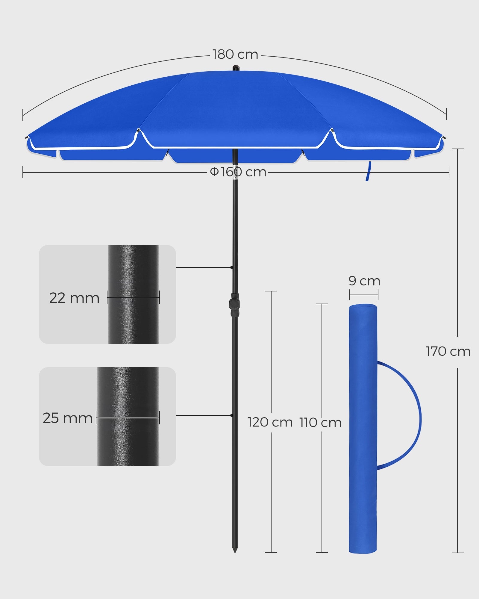 Suncobran promjera 180cm, mehanizam nagiba sa prijenosnom torbom, plavi | SONGMICS