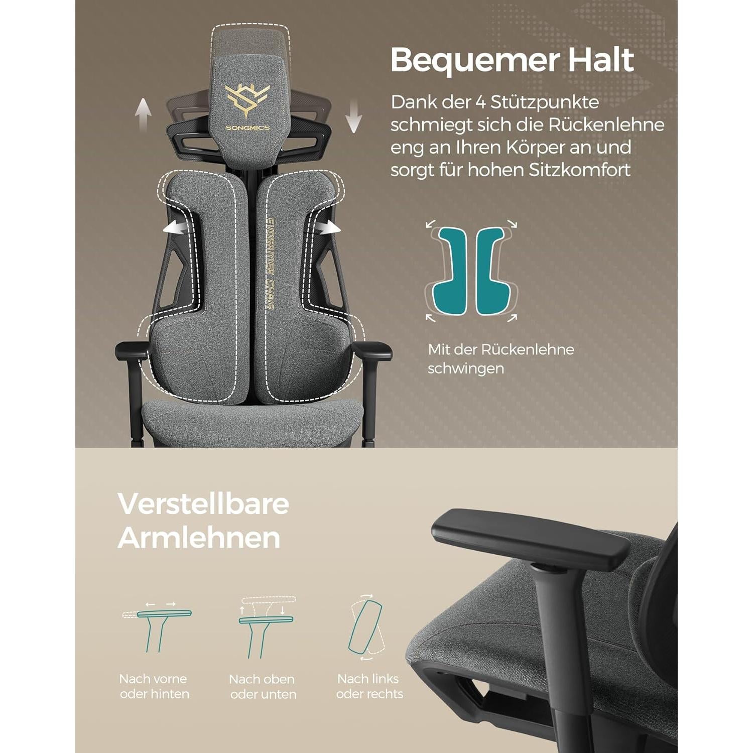 Szék, Irodai szék állítható fejtámlával és állítható kartámaszokkal, szürke-SONGMICS-Vita Home