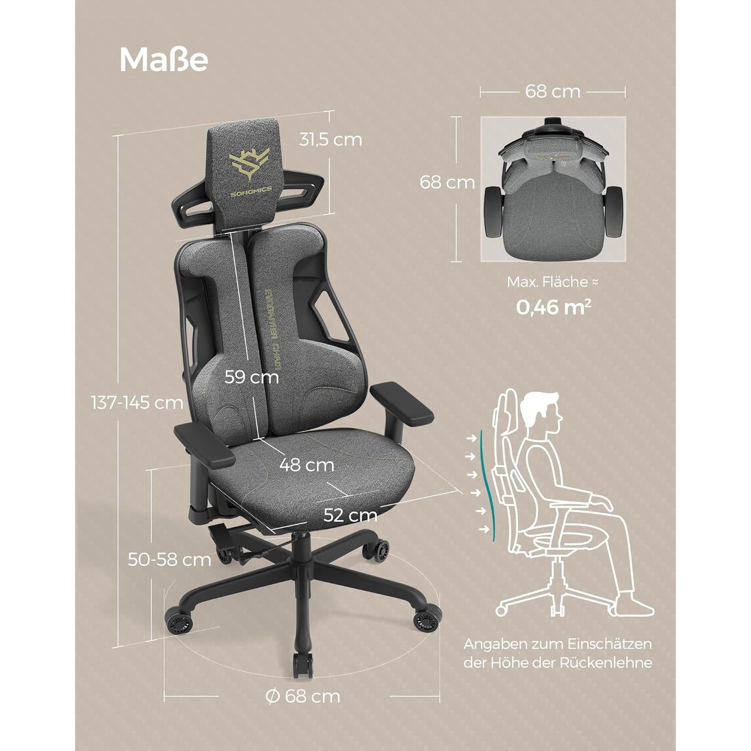 Szék, Irodai szék állítható fejtámlával és állítható kartámaszokkal, szürke-SONGMICS-Vita Home