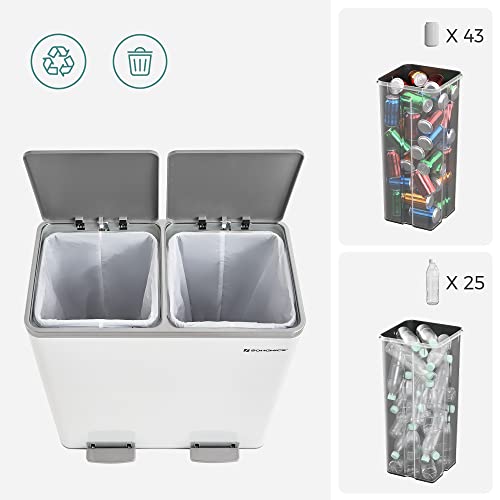 Szemetes,15 szemeteszsákkal, 2 rekesszel, műanyag belső vödrökkel és csukható fedelekkel, légmentesen záródó, fehér/ szürke-SONGMICS-Vita Home