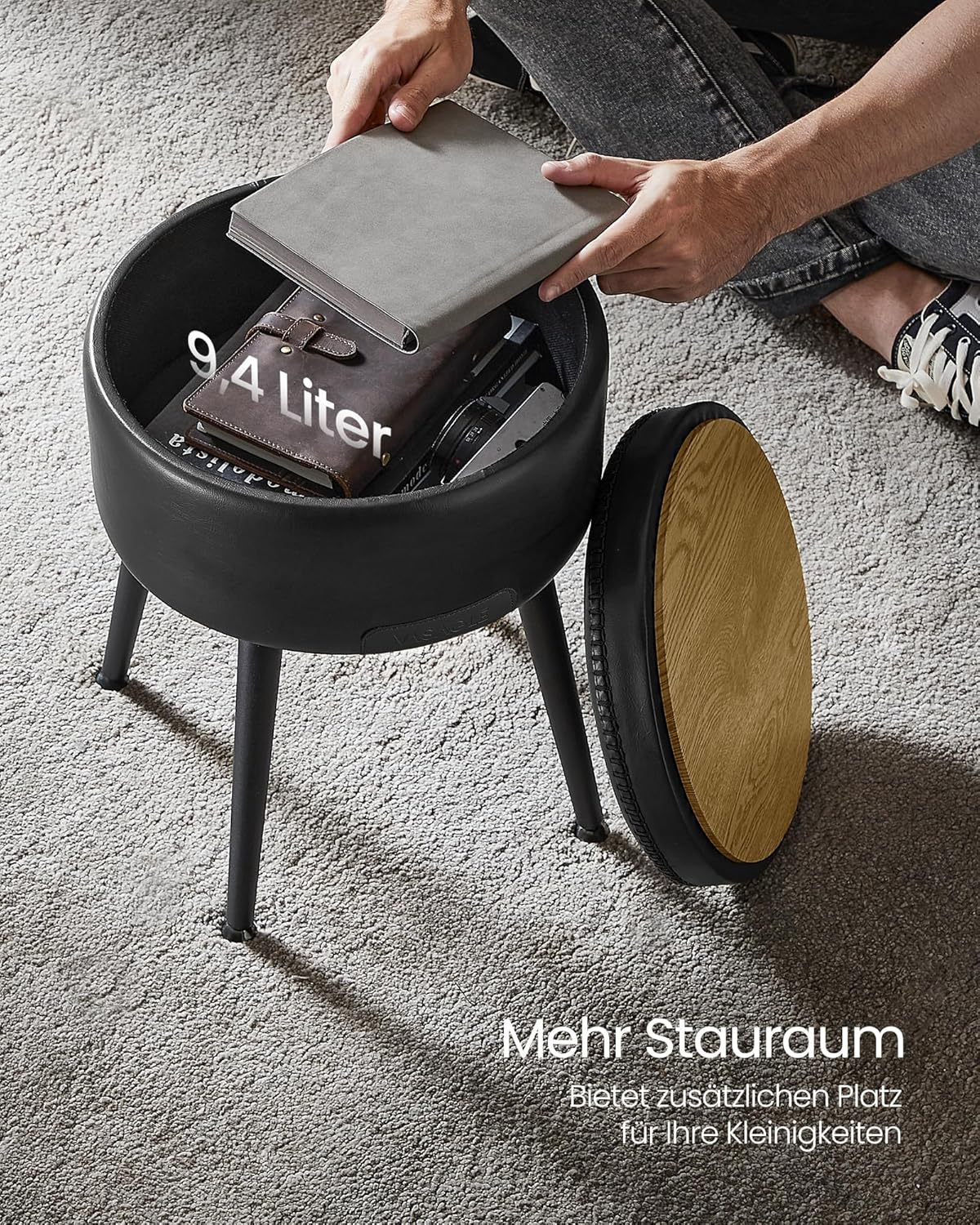 Tabure za pohranu od umjetne kože, 38,2 x 44,4 cm, crni | VASAGLE-VASAGLE-Vita Home