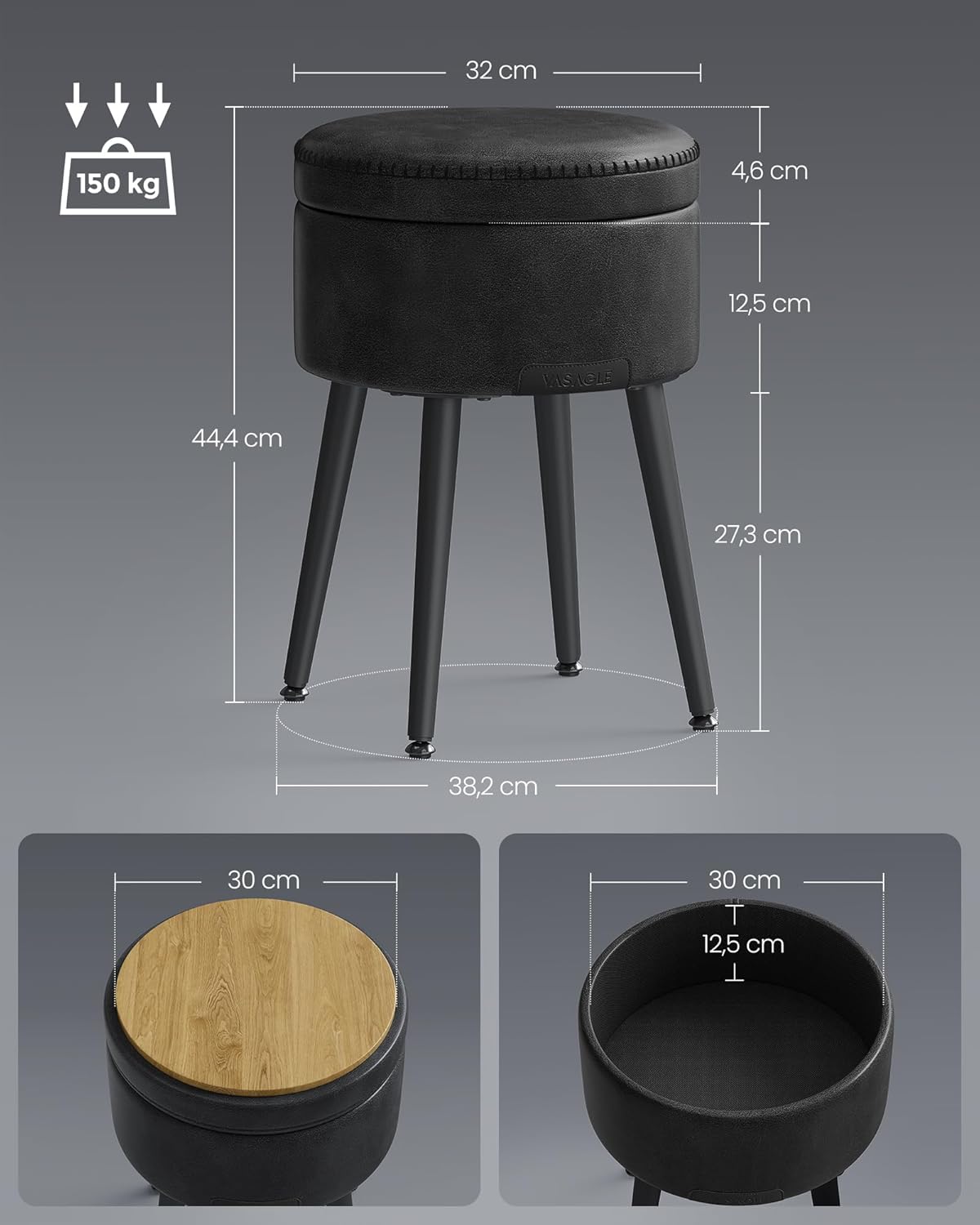 Tabure za pohranu od umjetne kože, 38,2 x 44,4 cm, crni | VASAGLE-VASAGLE-Vita Home