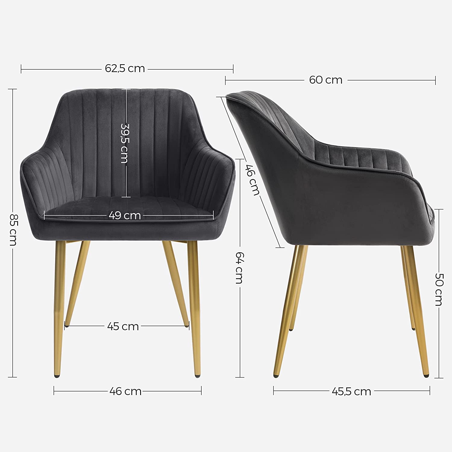 Tapecirana, blagovaonska stolica sa naslonom, 60 x 62,5 x 85 cm, sivo-zlatna | SONGMICS-vitahome.hr