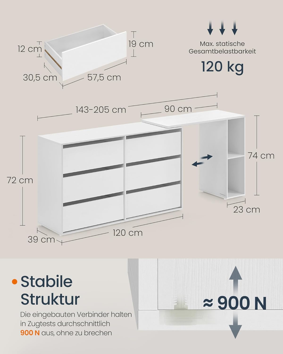 toaletni stol, podesiv u ravnoj ili L-oblika, bijeli