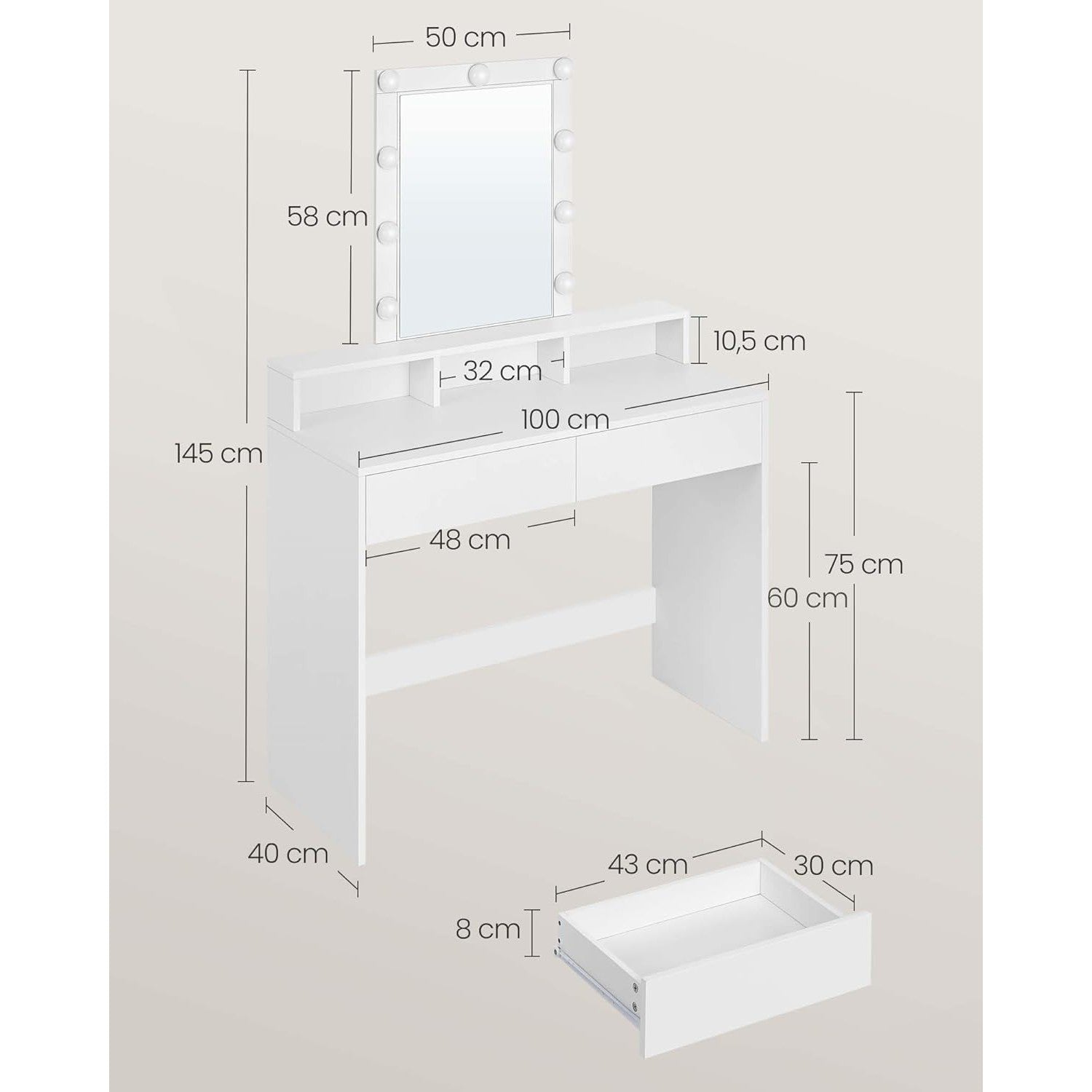 Toaletni stol s LED osvjetljenjem, 40 x 100 x 145 cm, bijeli | VASAGLE-vitahome.hr