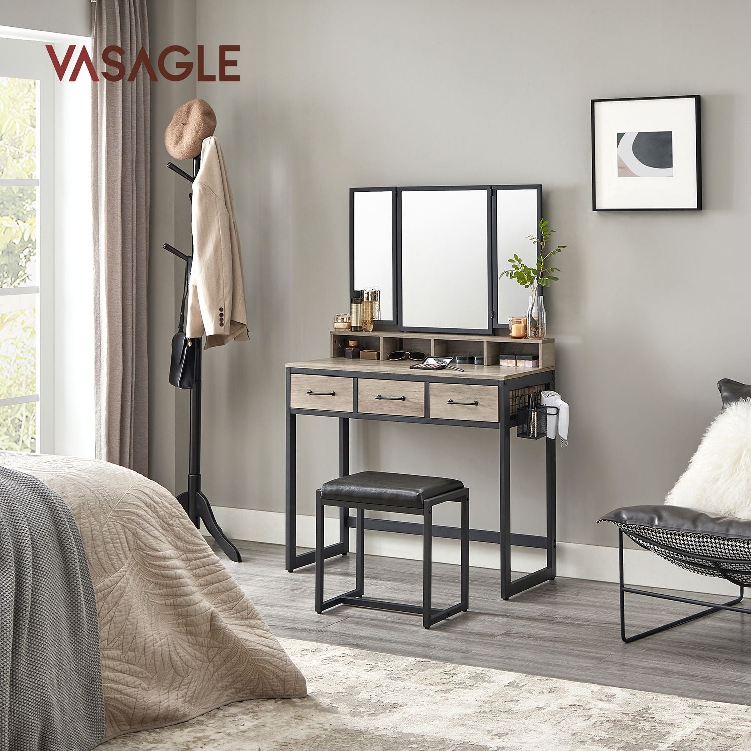 Toaletni stol s ogledalom i tapeciranim stolcem, siva i crna | VASAGLE-VASAGLE-Vita Home