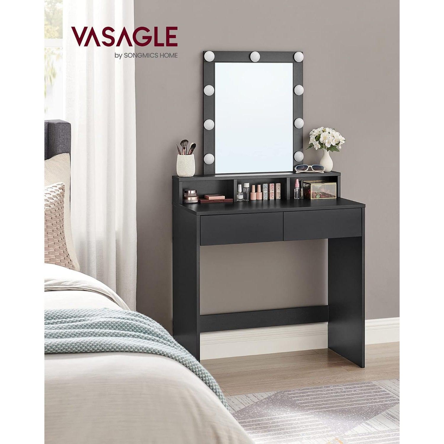 Toaletni stol s ogledalom, LED rasvjetom, ladicama i otvorenim pretincima, crni | VASAGLE-vitahome.hr