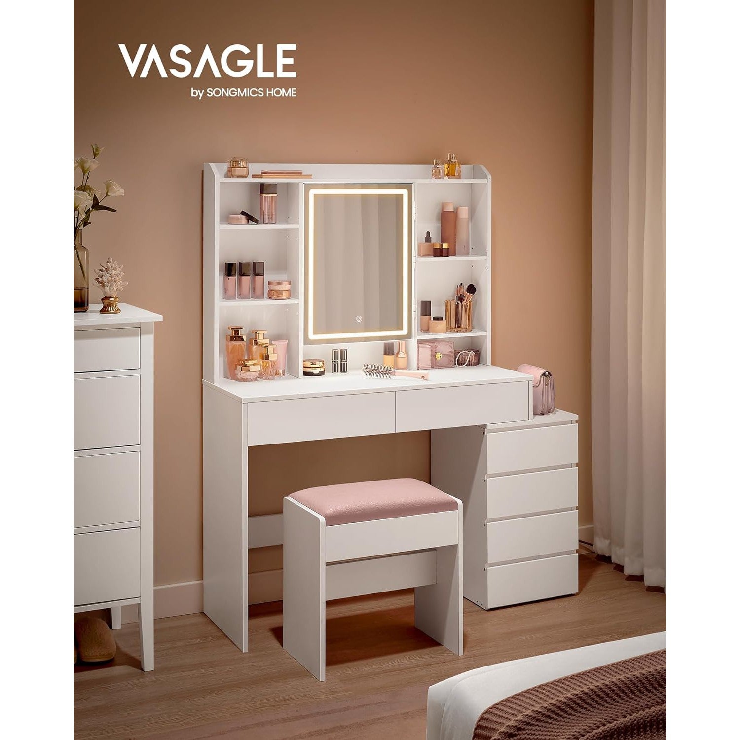 Toaletni stol s podesivom LED rasvjetom i ogledalom, 40 x 117 x 145 cm, bijeli | VASAGLE-vitahome.hr