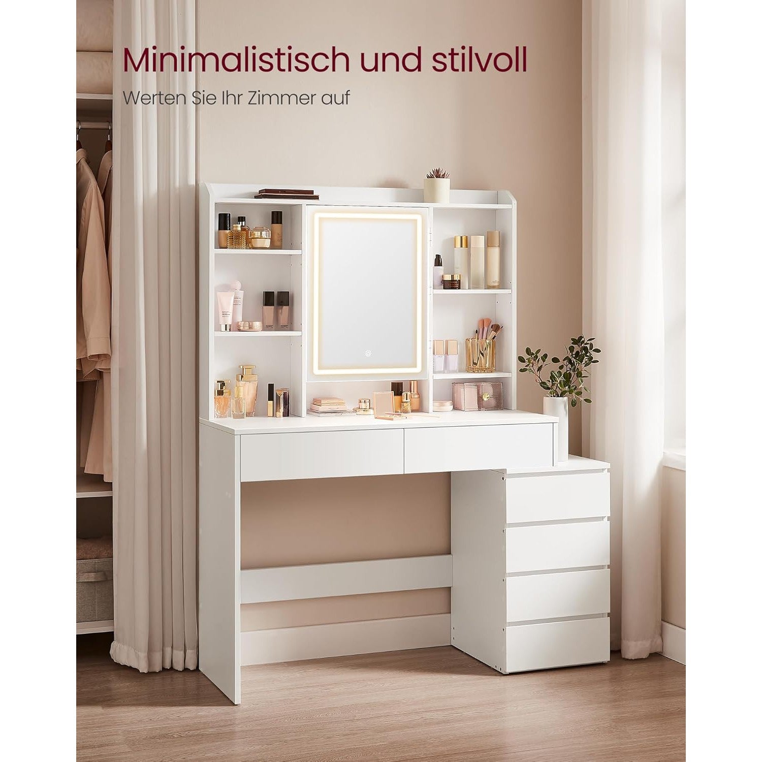 Toaletni stol s podesivom LED rasvjetom i ogledalom, 40 x 117 x 145 cm, bijeli | VASAGLE-vitahome.hr