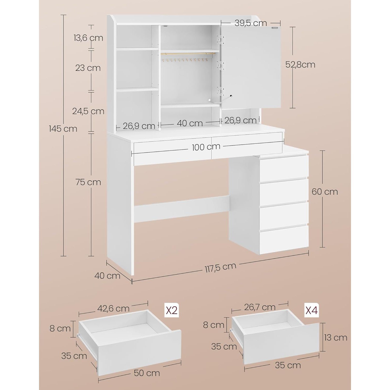 Toaletni stol s podesivom LED rasvjetom i ogledalom, 40 x 117 x 145 cm, bijeli | VASAGLE-vitahome.hr
