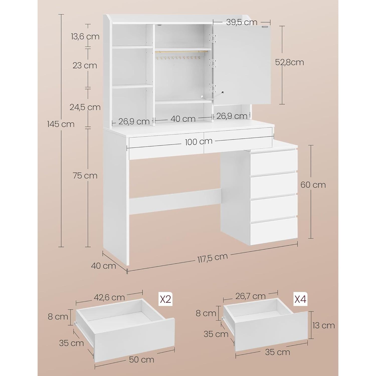 Toaletni stol s podesivom LED rasvjetom i ogledalom, 40 x 117 x 145 cm, bijeli | VASAGLE-vitahome.hr