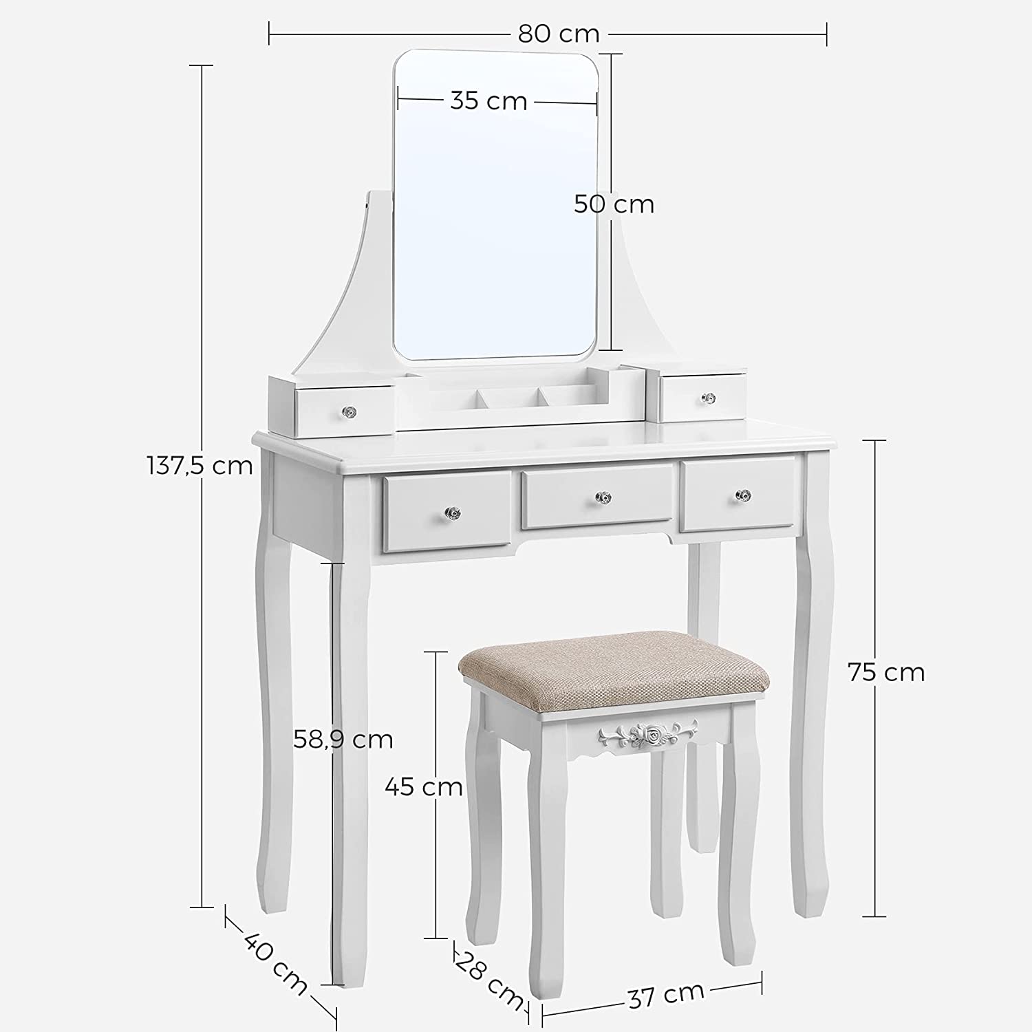 Toaletni stol s stolicom i ogledalom bez okvira, 80 x 40 x 137,5 cm, bijeli | VASAGLE-vitahome.hr