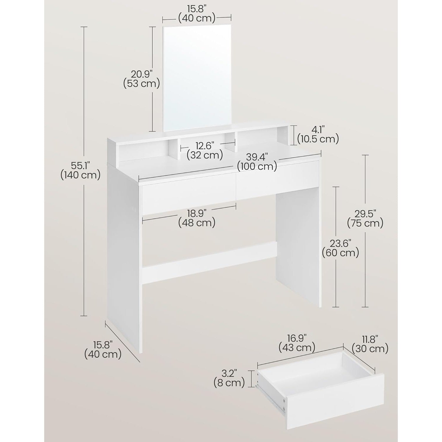 Toaletni stolić s velikim ogledalom i ladicama, 40 x 100 x 140 cm, bijeli | VASAGLE-vitahome.hr