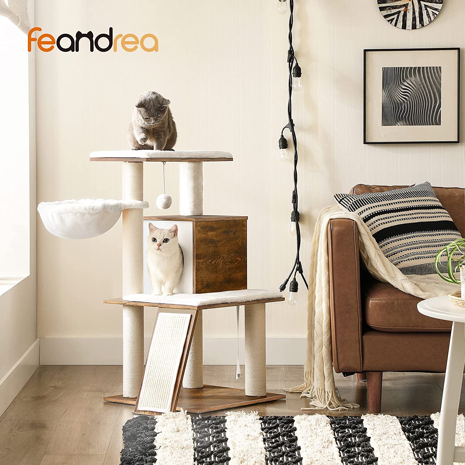 Toranj za mačke visok 96 cm s kućicom, grebalicom i košarom, boja oraha i bež | FEANDREA | FEANDREA-vitahome.hr