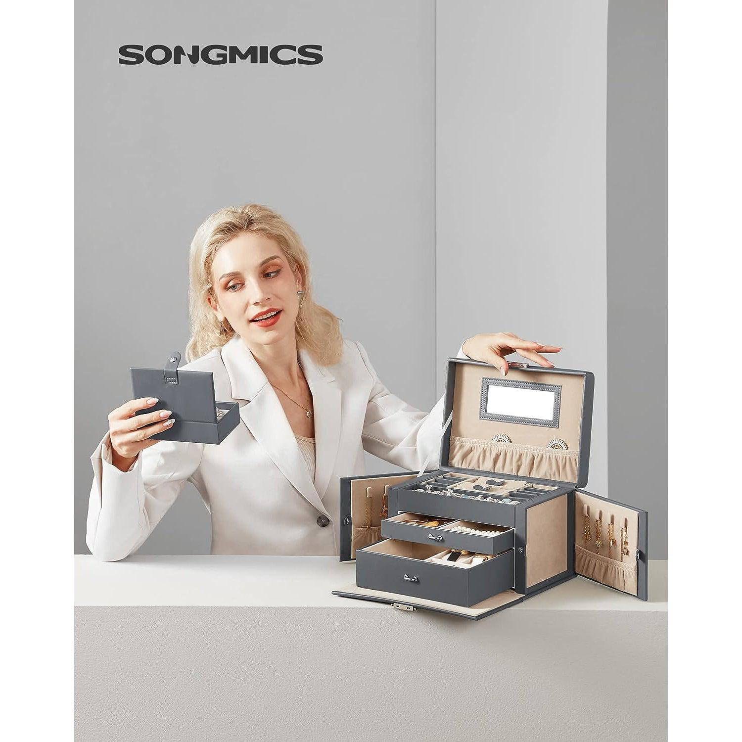 Troslojna kutija za nakit s 2 ladice i mini putnom torbicom, siva | SONGMICS-vitahome.hr