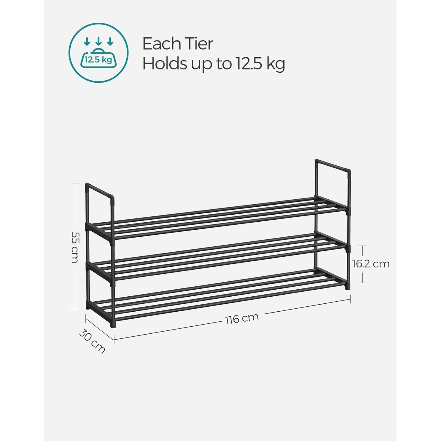 Troslojni, metalni stalak za cipele, 116 x 30 x 55 cm, crne boje | SONGMICS-vitahome.hr