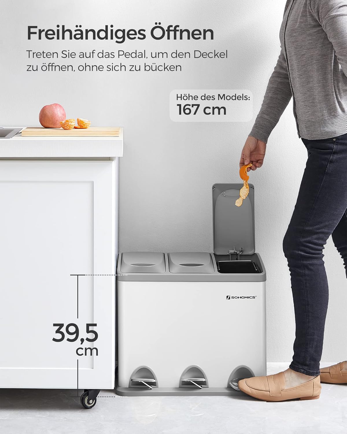 Trostruka čelična kanta za smeće, 3 x 8L47 x 28,3 x 39,5 cm, bijela | SONGMICS-vitahome.hr