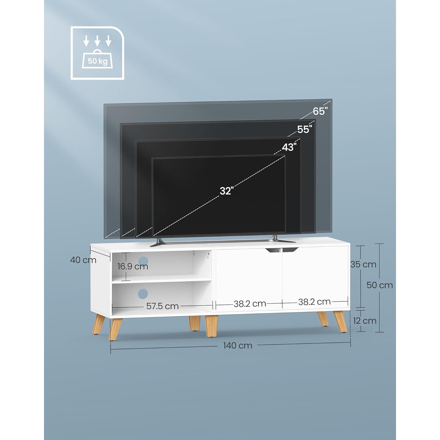 TV ormarić s 2 vrata i podesivom policom, 40 x 140 x 50 cm, bijeli | VASAGLE-vitahome.hr