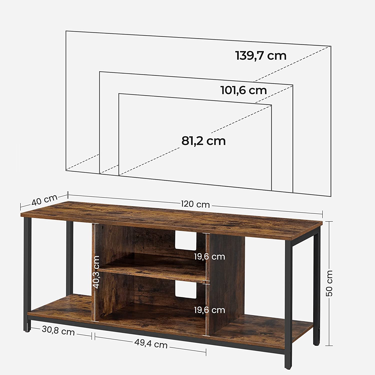 TV ormarić, TV stalak 120 x 50 x 40 cm vintage smeđa | Vasagle-vitahome.hr